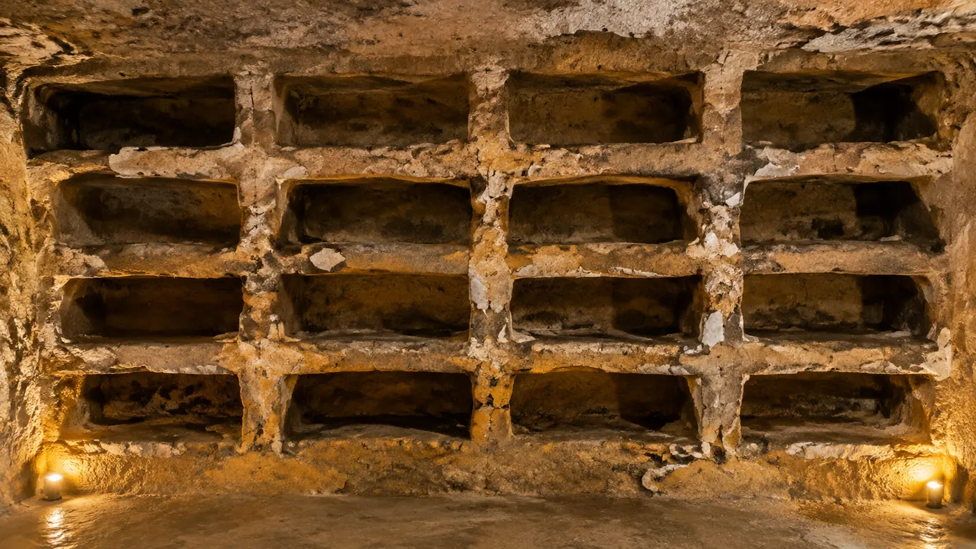 Open, empty loculi stacked along a gallery wall: the niches at San Callisto were emptied more than a thousand years ago